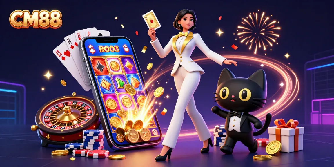 CM88 features a glamorous woman shuffling cards beside a stylish cat in a casino-themed celebration.