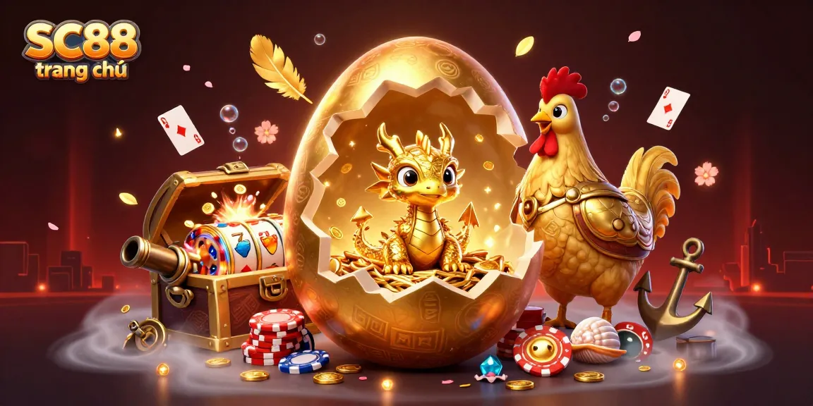 Experience the excitement with SC88 trang chủ’s vibrant gold-themed illustration filled with casino games.