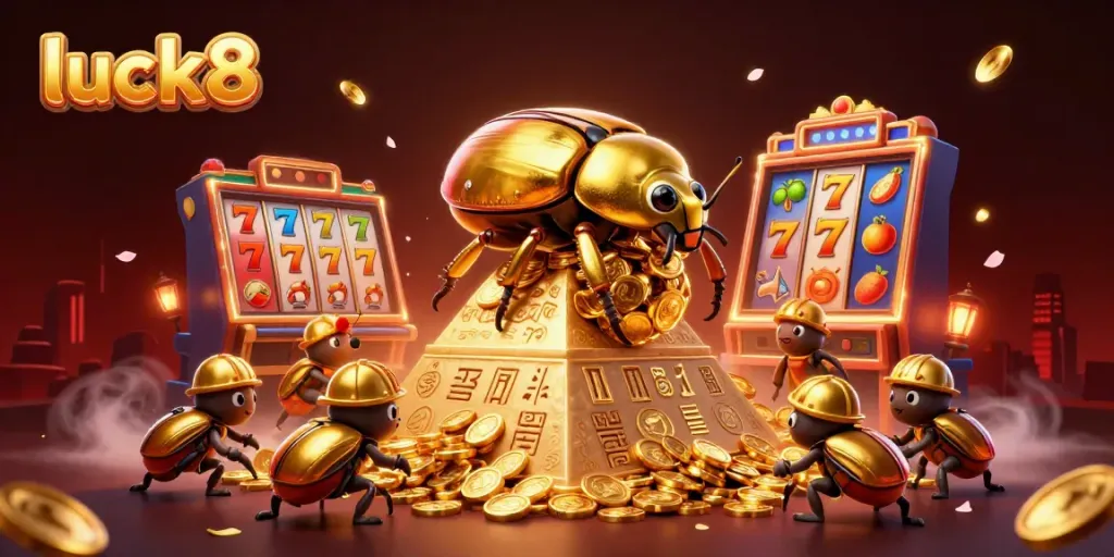 Experience the excitement of luck8 with golden beetles rolling jackpots and vibrant slot elements.