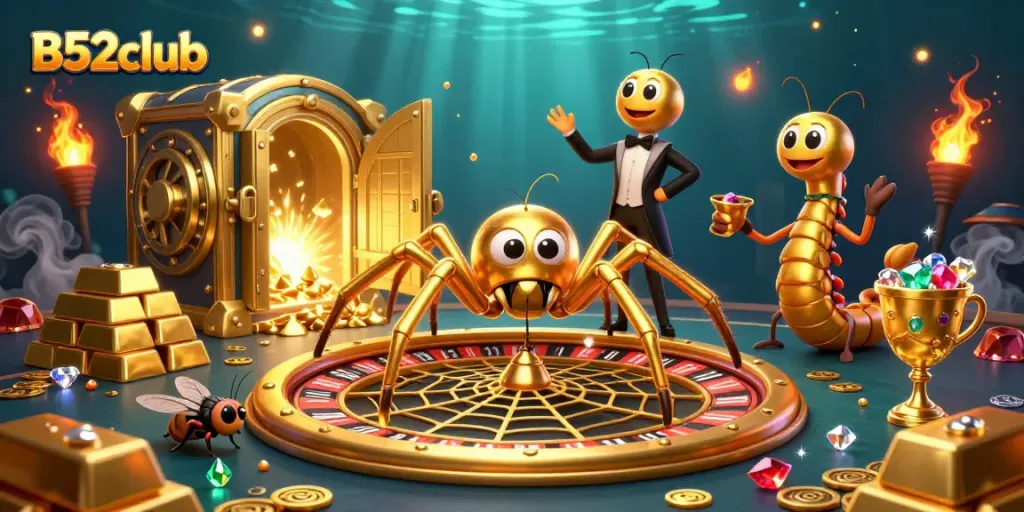 Engage with B52club's exciting online gaming experience featuring interactive characters and dazzling casino elements.