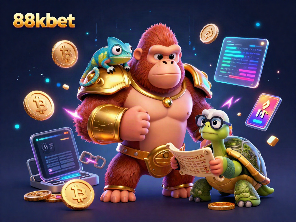 Engage with the dynamic 88kbet casino experience featuring a gorilla, chameleon, and tortoise amidst glowing crypto elements.