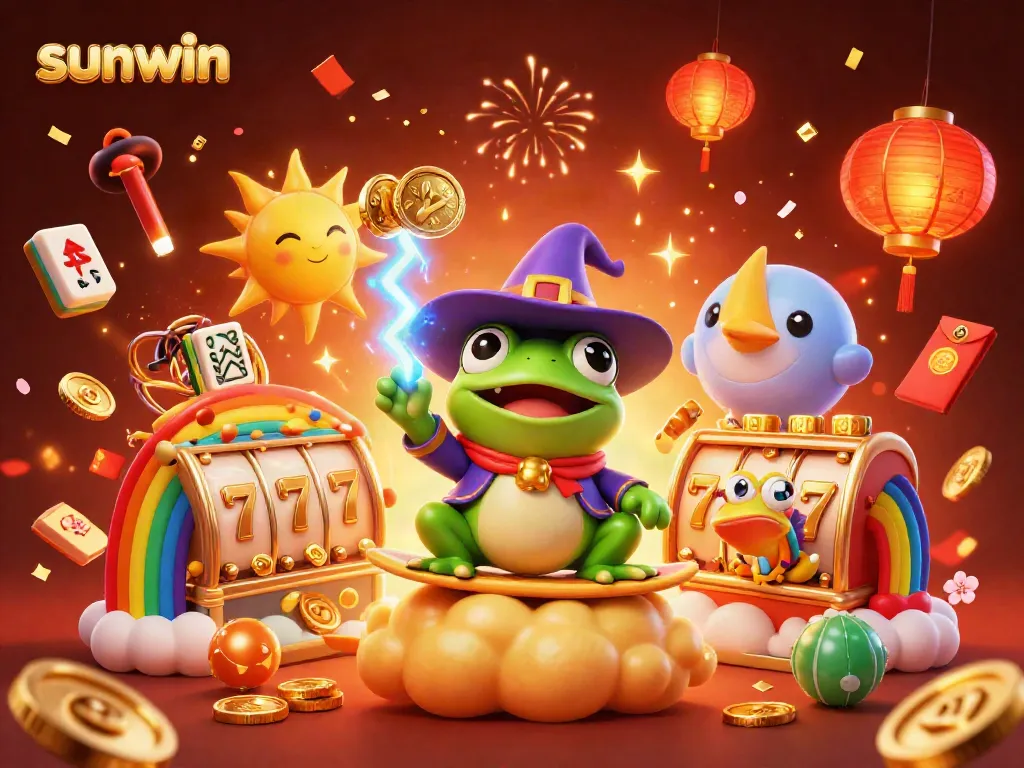 Engage with Sunwin as a vibrant casino world filled with golden coins, fun characters, and exciting gaming elements.