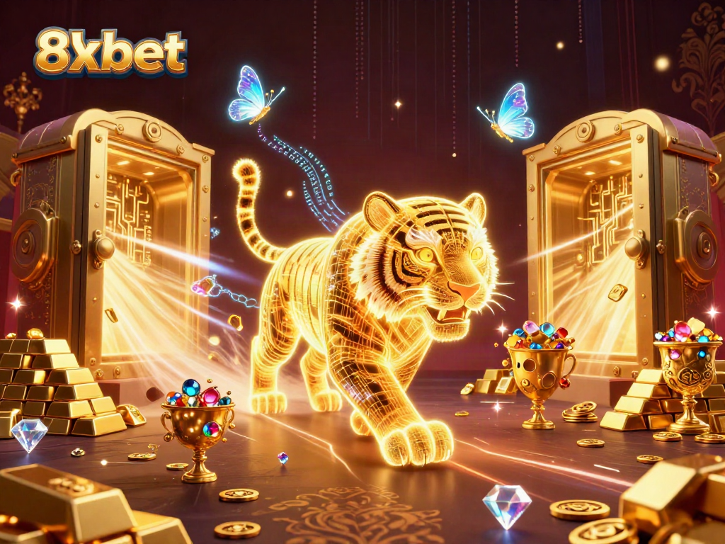 Experience dynamic wins at 8xbet with our vibrant, light-filled casino scene featuring golden treasures and interactive gameplay.