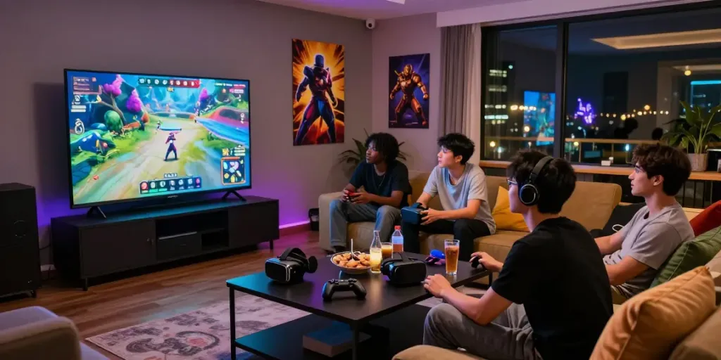 Group of friends enjoying ROKOK88 login gaming night with vibrant atmosphere