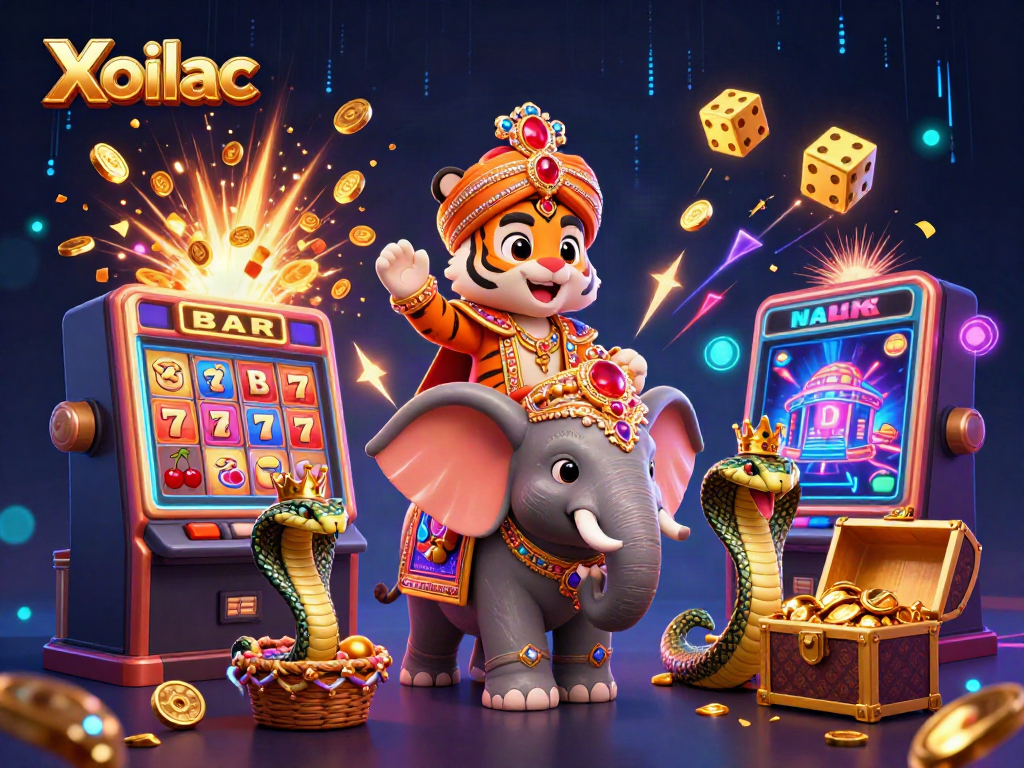 Xoilac showcases an enchanting scene with a 3D cartoon maharaja tiger, elephant, and cobra in a vibrant casino atmosphere.