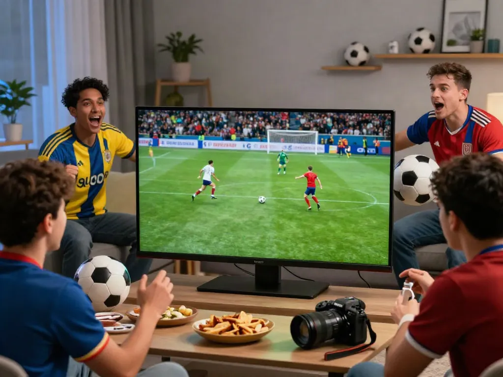 Fans watching Gavangtv football match live, enjoying a vibrant atmosphere with snacks and jerseys.