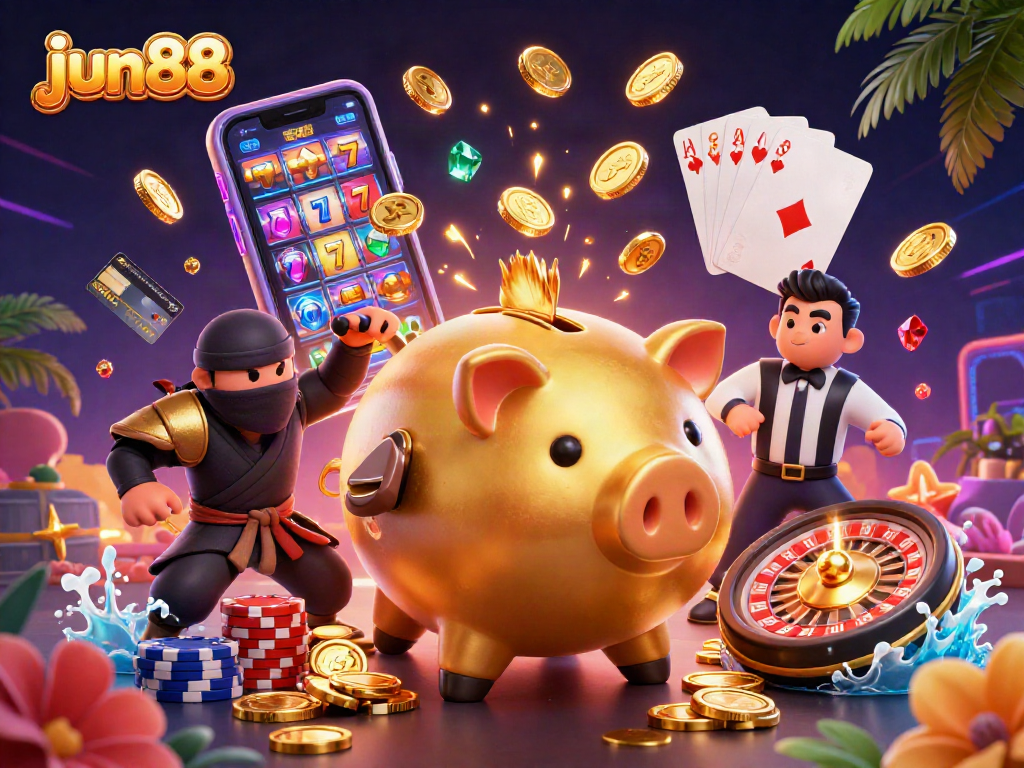 Experience thrilling gameplay at jun88 with a dynamic scene of a golden piggy bank sumo wrestler shaking coins.
