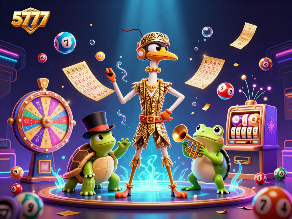 Enjoy thrilling games at 5777, featuring vibrant illustrations of characters and dynamic lottery elements.