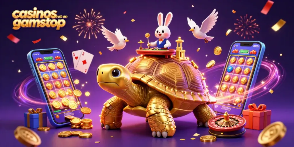 Experience the excitement of casinos not on gamstop with a golden tortoise and colorful gaming elements.