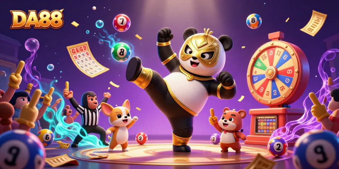 Engaging DA88 illustration showcasing a wrestling panda kicking with vibrant lottery elements.