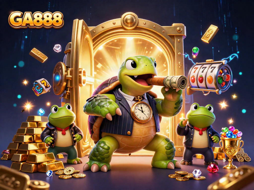 Engage with GA888's thrilling slots featuring a dynamic turtle mobster in a vibrant casino scene.