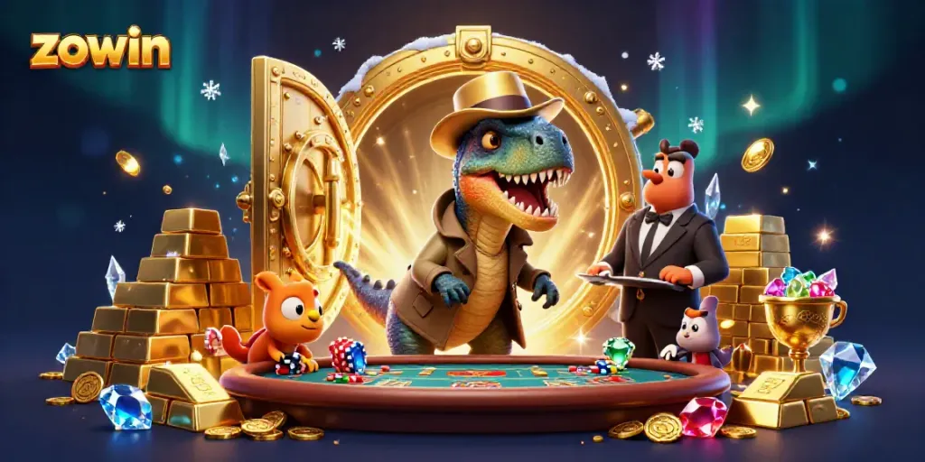 Zowin features an entertaining scene with a velociraptor card counter and hidden treasures at a casino blackjack table.
