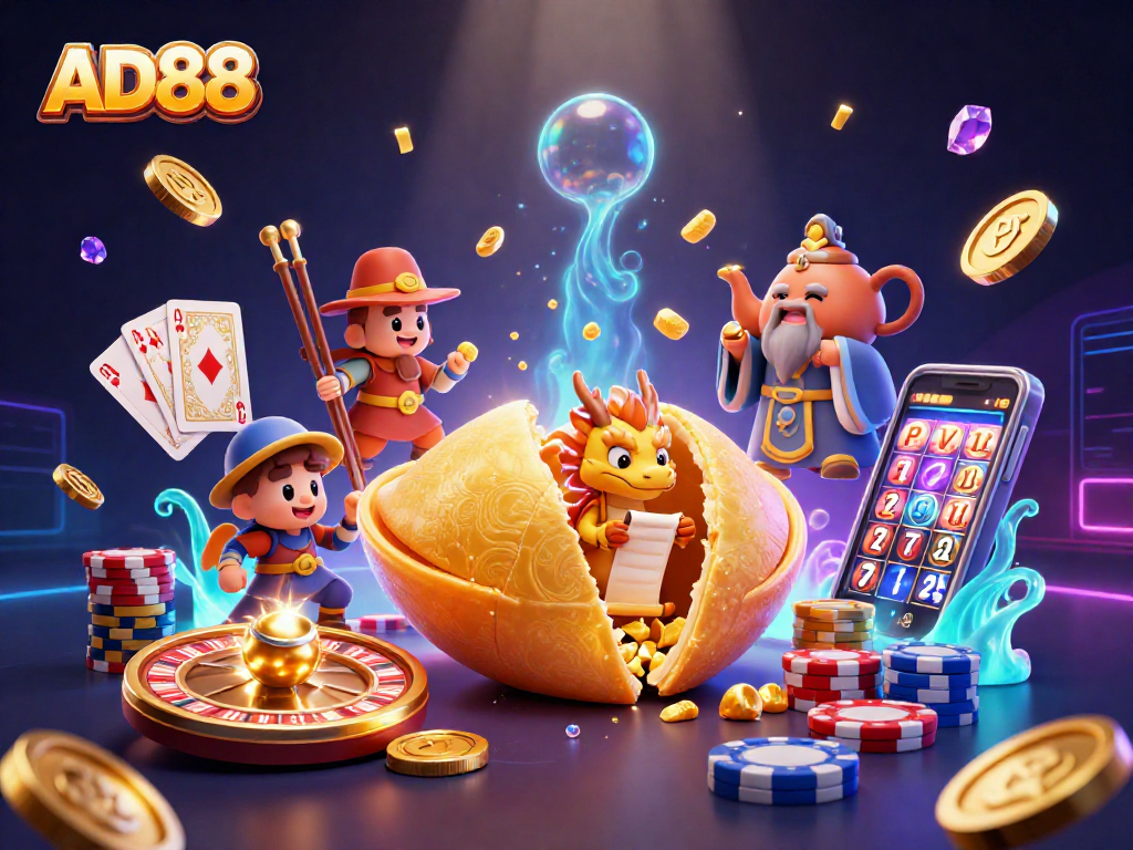 AD88 casino scene featuring a giant fortune cookie, wise dragon, and golden riches.