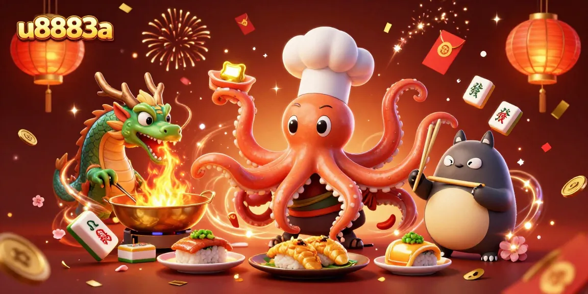 Experience fun with u8883a's vibrant casino ambiance featuring a sushi chef octopus and dragon.