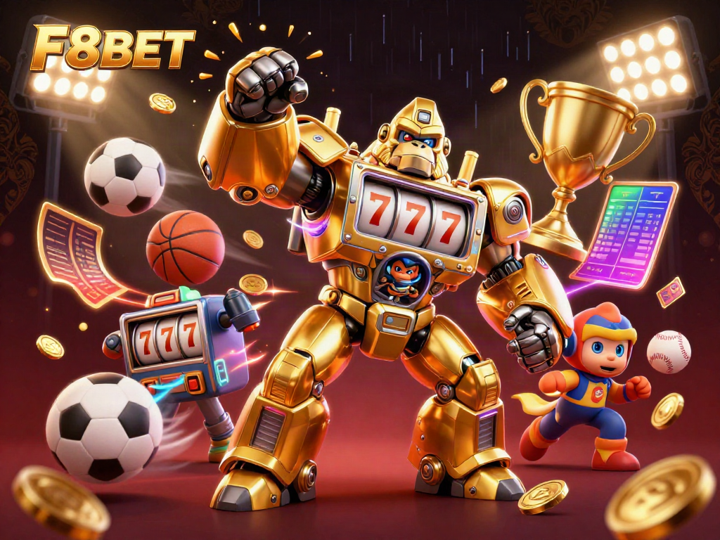 Engage with F8BET in a vibrant 3D casino scene filled with dynamic sports elements and a golden mech.