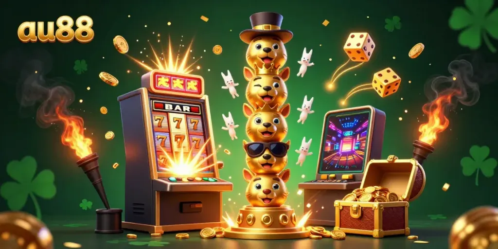 Engage in thrilling gameplay at au88, highlighted by vibrant casino elements and a golden totem.