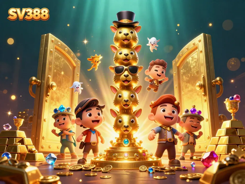 Experience the thrilling SV388 casino atmosphere with a vibrant 3D totem and gold elements.