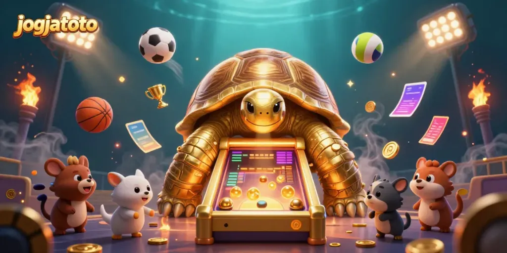 Engage with jogjatoto's thrilling games featuring a vibrant scene of golden tortoise pinball and sports elements.