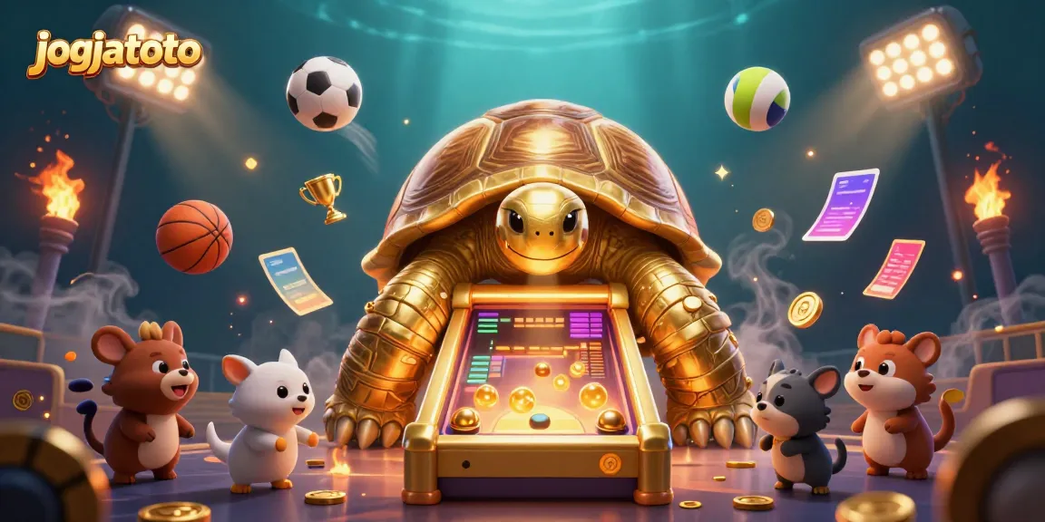 Engage with jogjatoto's thrilling games featuring a vibrant scene of golden tortoise pinball and sports elements.