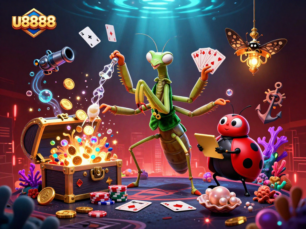 Engaging players with u8888, a vibrant casino scene featuring dynamic characters, cards, and treasures.