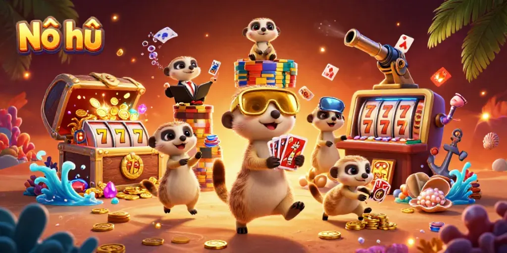 Nổ hũ game scene with cartoon meerkats managing a casino, including slot reels, vibrant treasures.