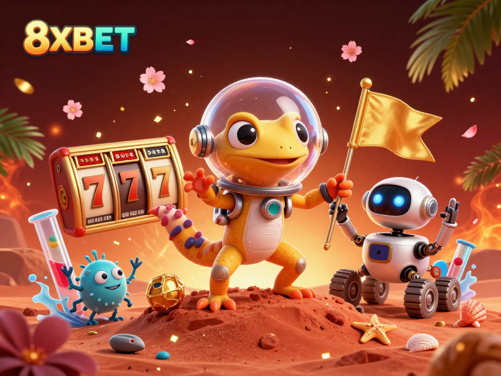 Experience 8XBET with a Martian gecko discovering a golden casino amid dynamic gambling symbols.