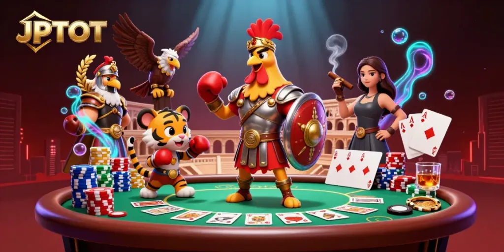 Experience JPTOTO excitement in an action-packed poker showdown featuring a gladiator rooster.