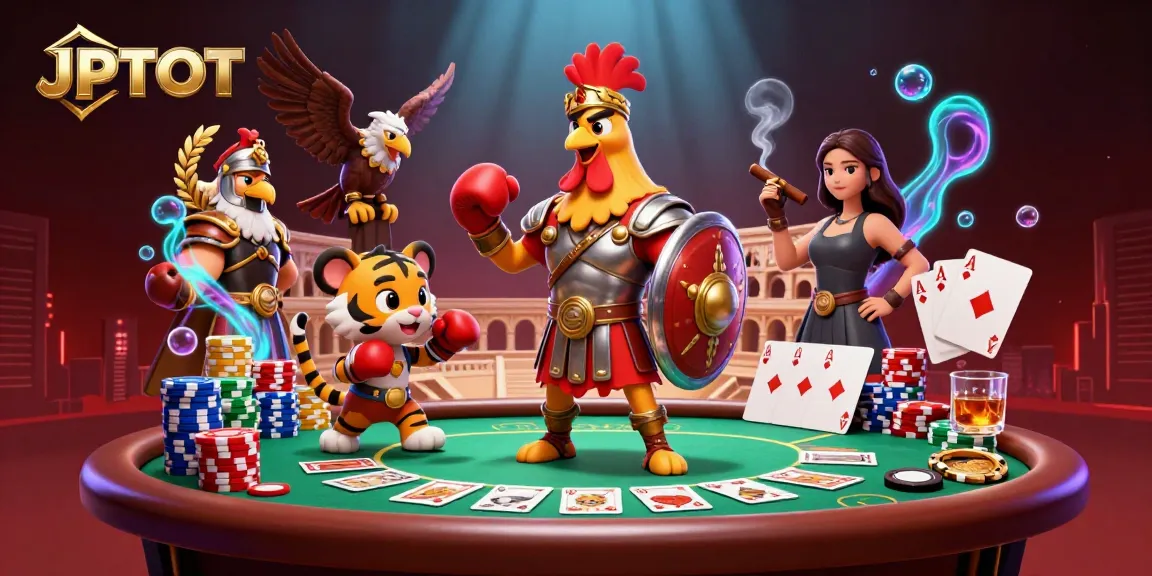 Experience JPTOTO excitement in an action-packed poker showdown featuring a gladiator rooster.