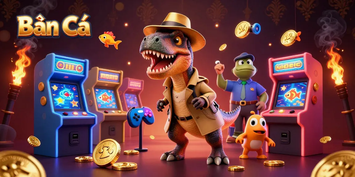 Bắn Cá game scene with a velociraptor card counter, stegosaurus pit boss, and compy thief mixing gaming excitement.
