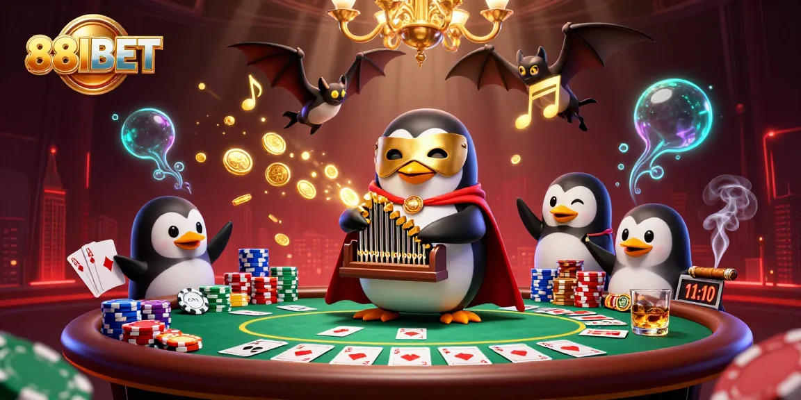 88IBET showcases a dynamic casino scene with a playful penguin, poker elements, and vibrant visuals.