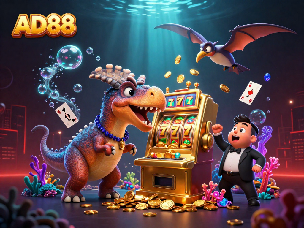 Experience thrilling jackpots at AD88 with a 3D scene of joyous cartoon dinosaurs and slot machines.