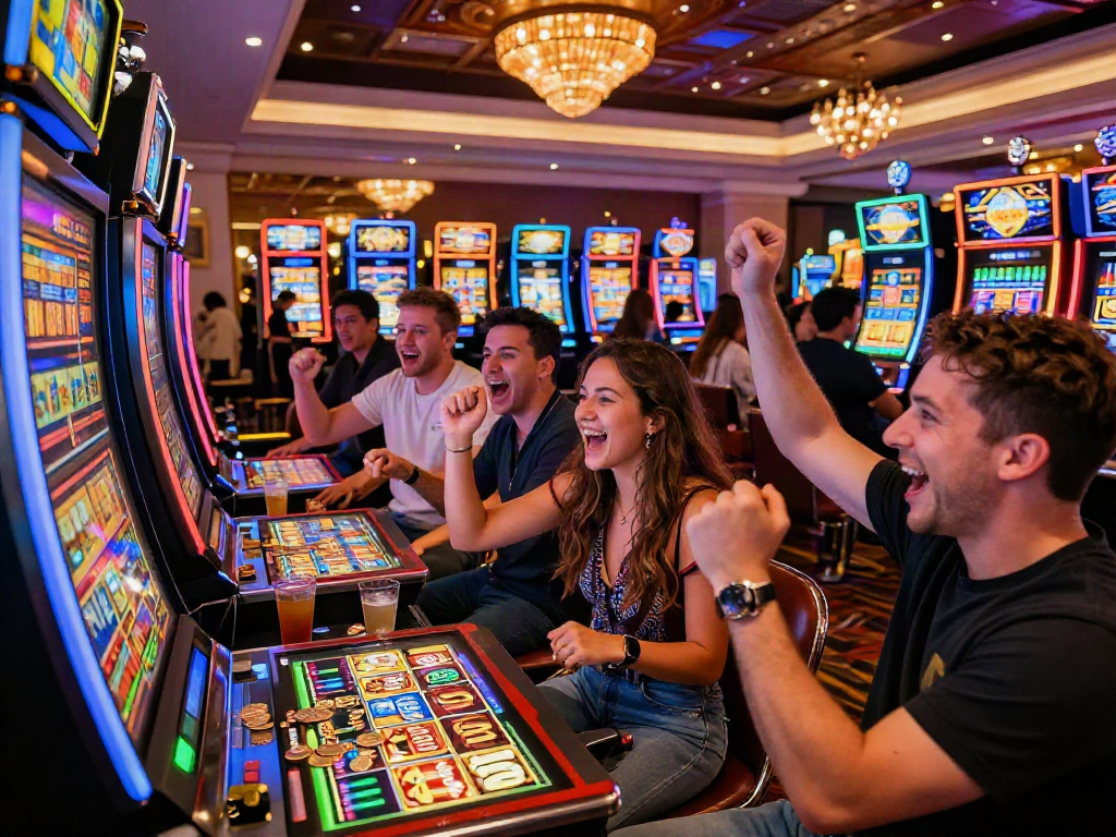 Celebration of a slot depo 10k win at a bustling casino with friends cheering.