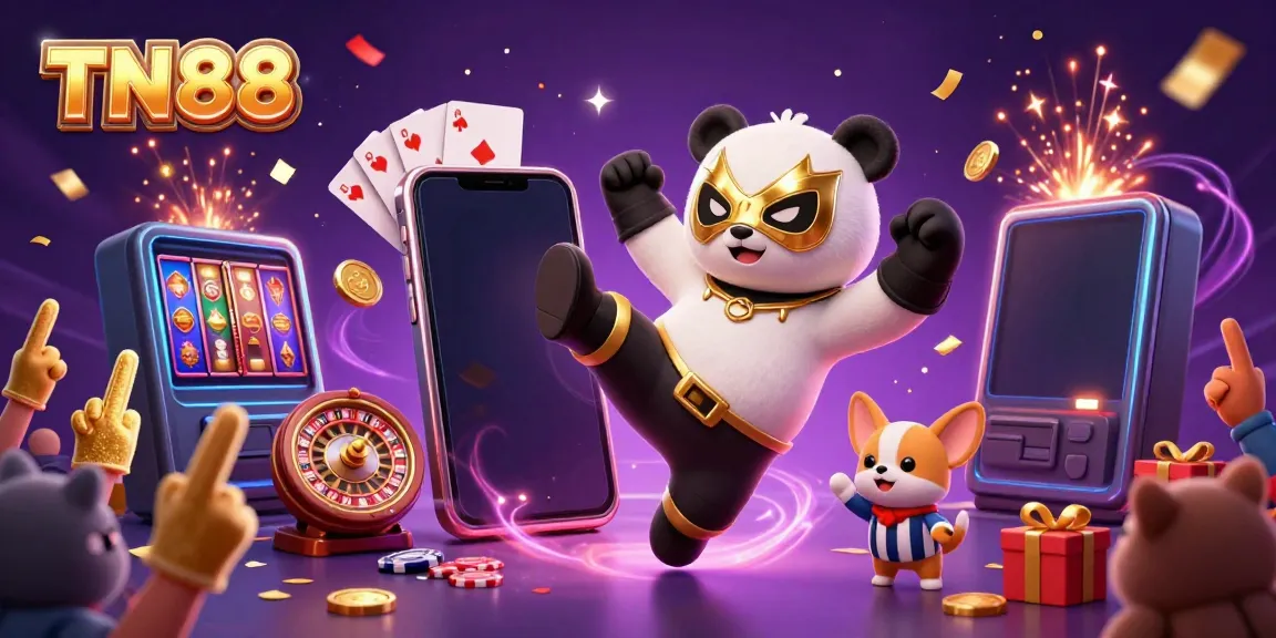 Experience thrilling TN88 casino vibes with a panda wrestler, vibrant games, and animal crowd excitement.