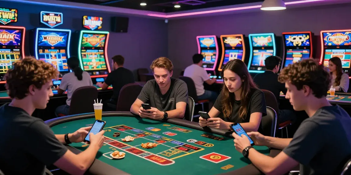 Diverse players enjoying an exciting gaming experience at BL555's online gambling lounge with vibrant LED lighting and digital screens.