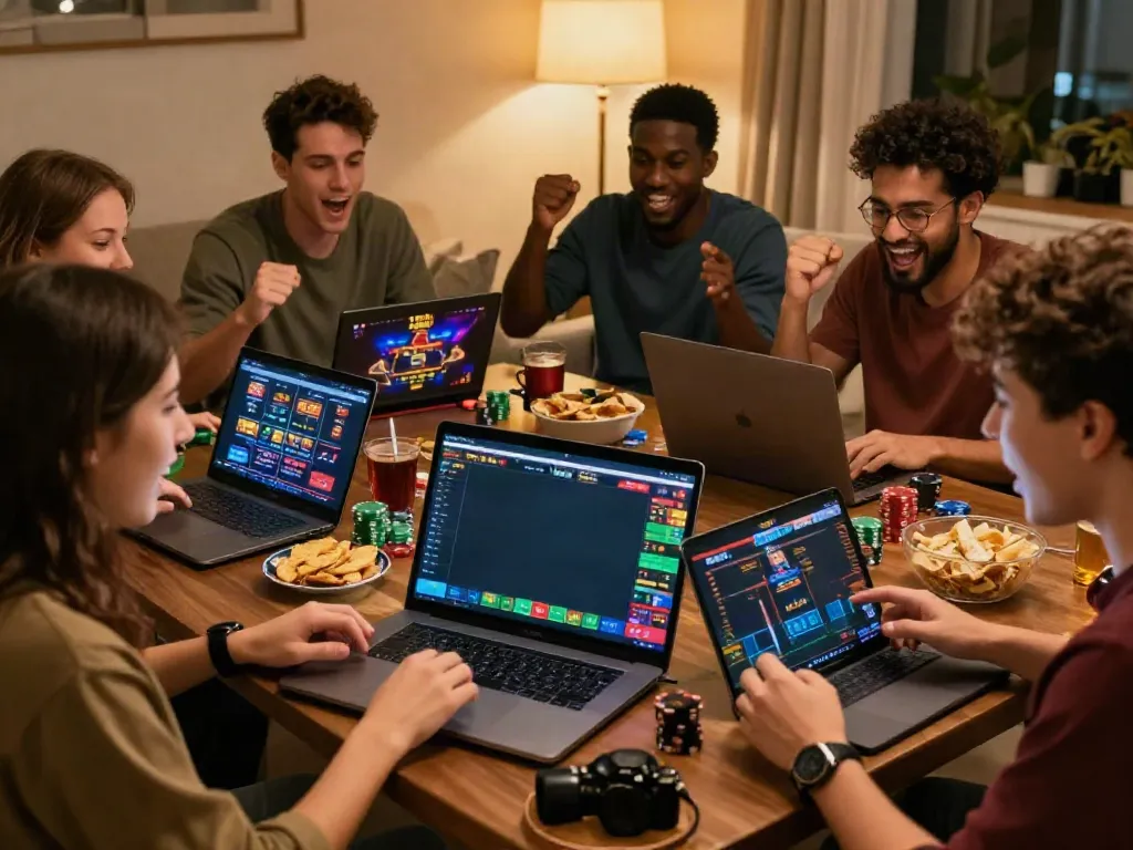 Friends enjoying a sports betting session on vin88, capturing excitement and engagement in a cozy setting.