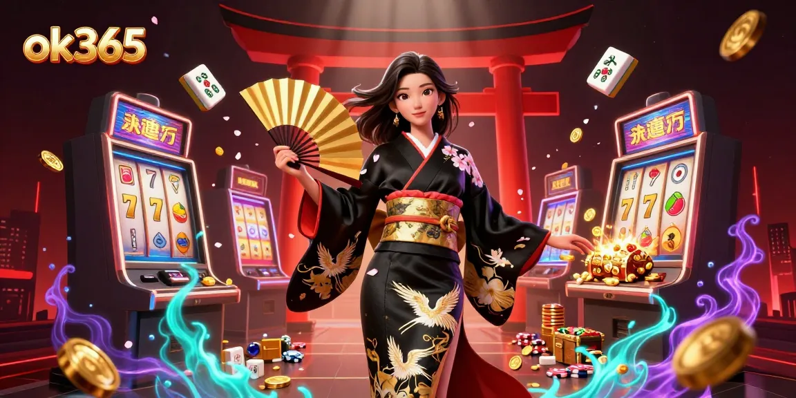 Spin and win big with ok365 in this vibrant casino-themed illustration showcasing slot machines, gold coins, and elegant characters.