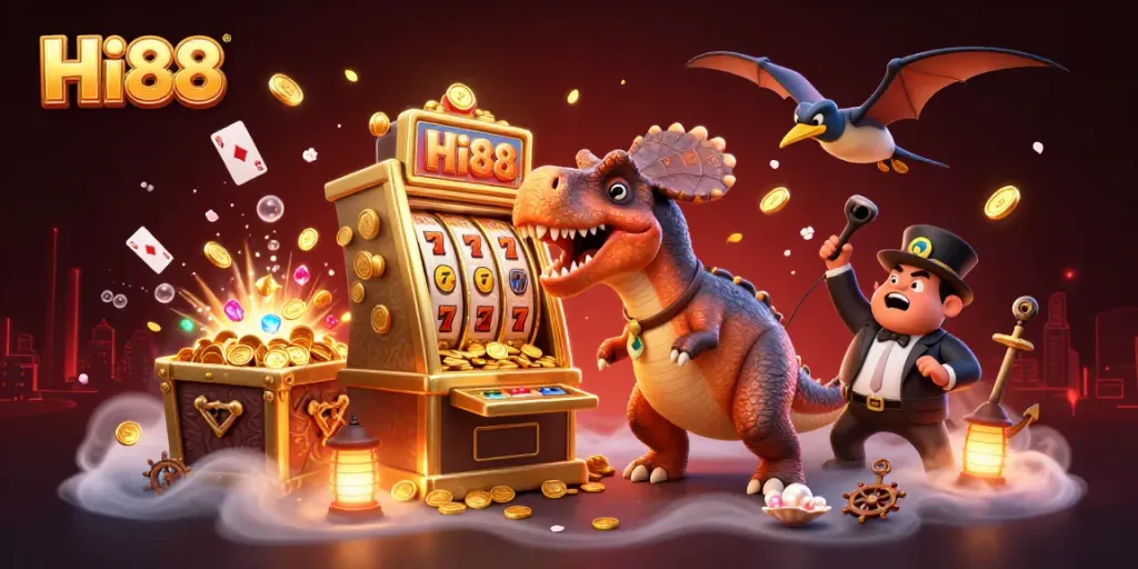 Experience Hi88 with thrilling wins from a dynamic cartoon casino scene featuring dino characters.