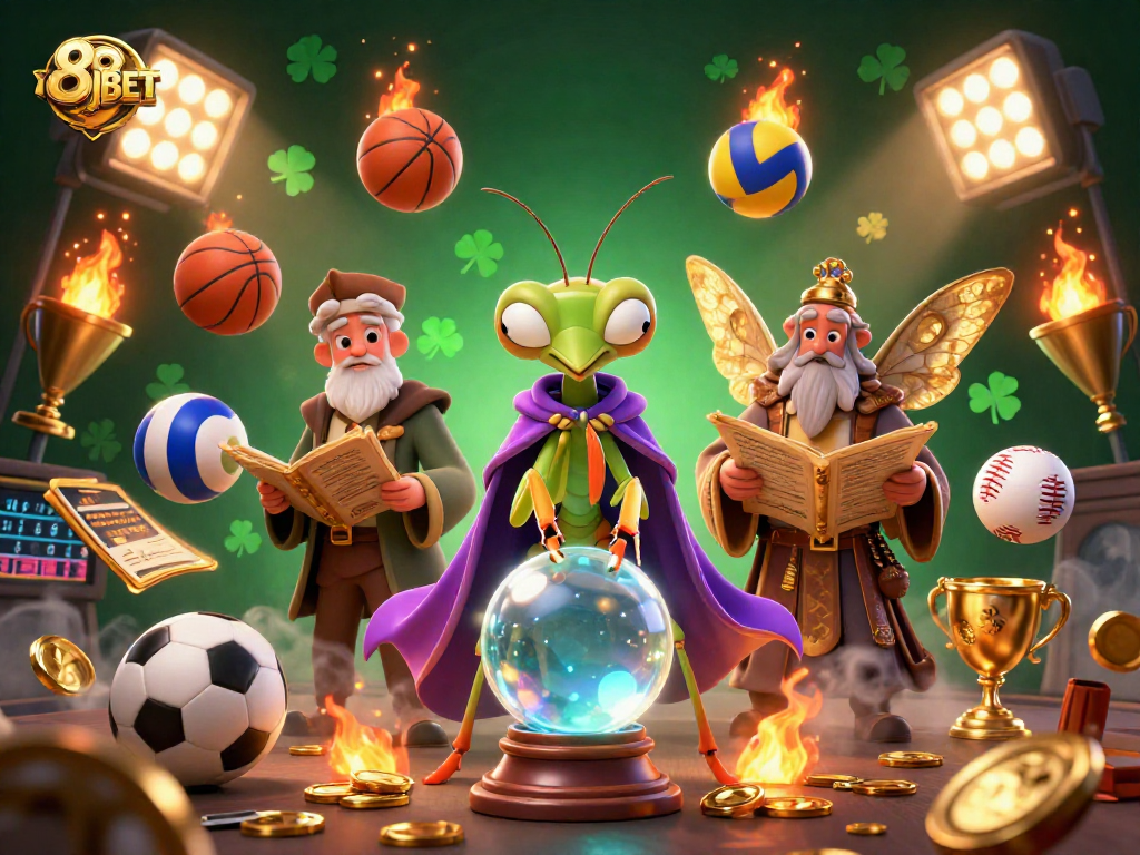 Engage with 88JBET's thrilling casino atmosphere featuring vibrant sports betting elements and mystical characters.