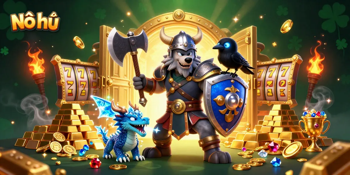 Nổ hũ offers thrilling slot game action with heroic Viking and mystical creatures in a treasure-filled scene.