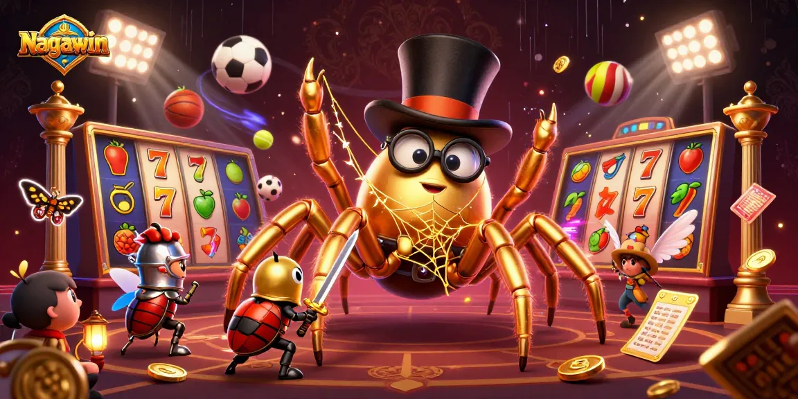 Nagawin showcases a giant golden tarantula and beetle knight in a vibrant casino scene.