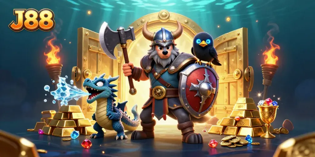 Experience thrilling jackpot opportunities with J88 featuring a Viking warrior, dragon, and treasures galore.