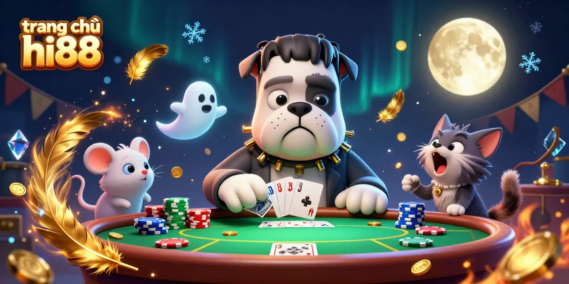 Play at trang chủ hi88 with a lively illustration featuring a bulldog dealer and gambling elements.