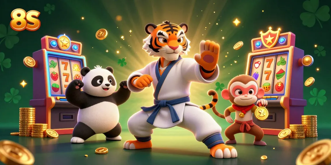 A dynamic scene with the 8S themed kung fu tiger master surrounded by vibrant casino elements showcasing exciting action and adventure.