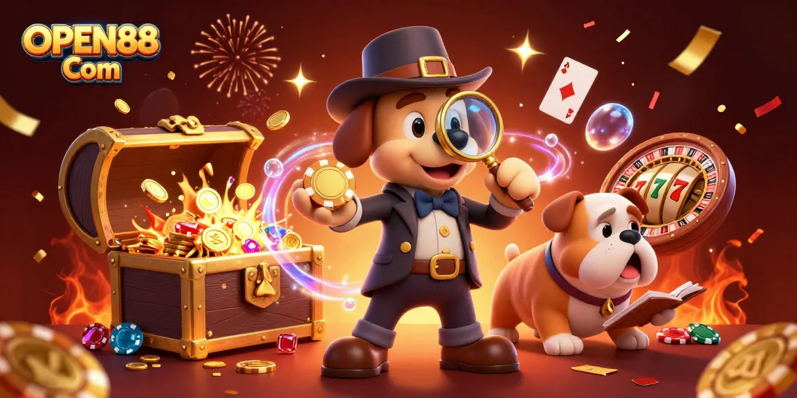 Win big with OPEN88 Com by exploring a vibrant casino scene filled with poker chips and celebrations.