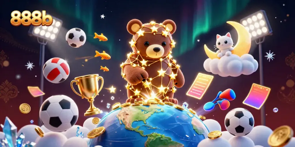 Engage with 888b, where a constellation bear and sports elements create a lively casino atmosphere.
