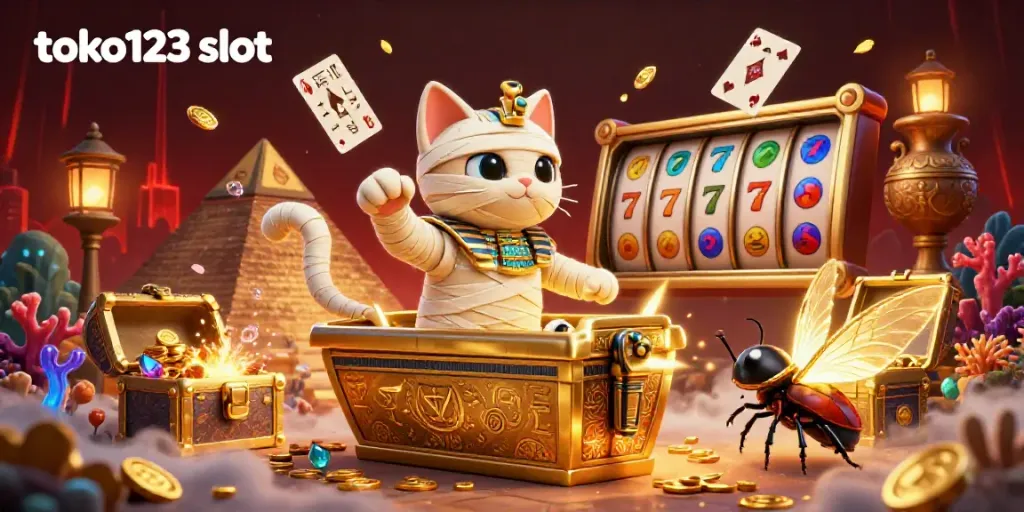Engage with toko123 slot in a vibrant, dynamic casino scene featuring a mummy cat and jackpot treasures.