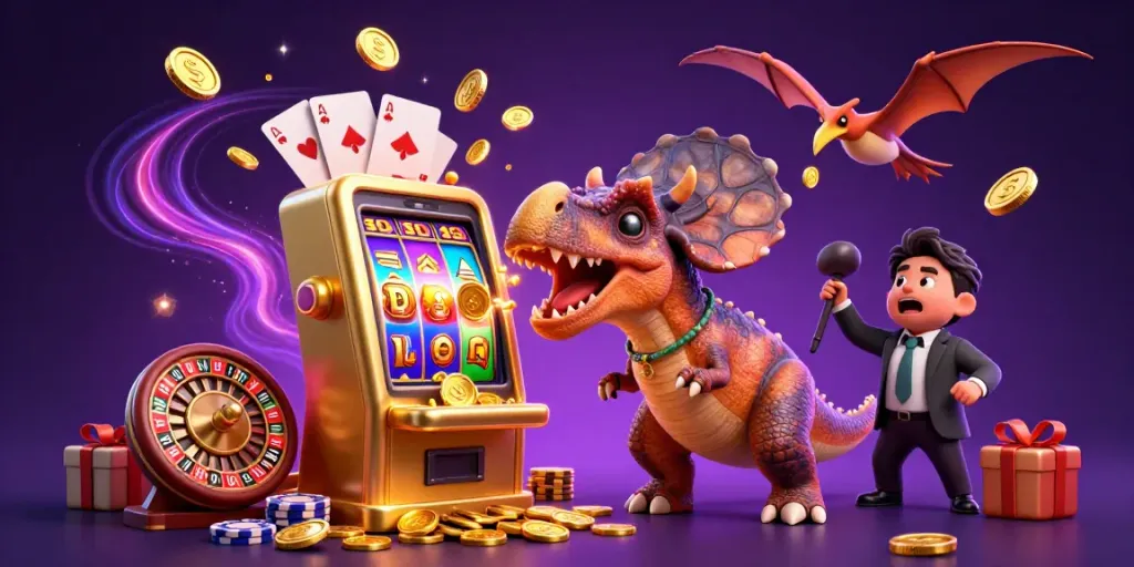 BJ88 casino illustration with a pachycephalosaurus winning jackpots, immersive 3D setting