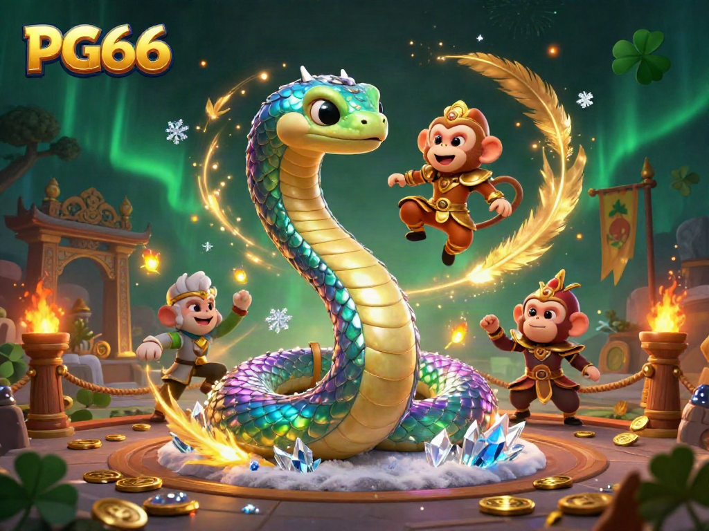 Experience the vibrant world of PG66 with a playful monkey king and an iridescent serpent in an enchanting casino scene.