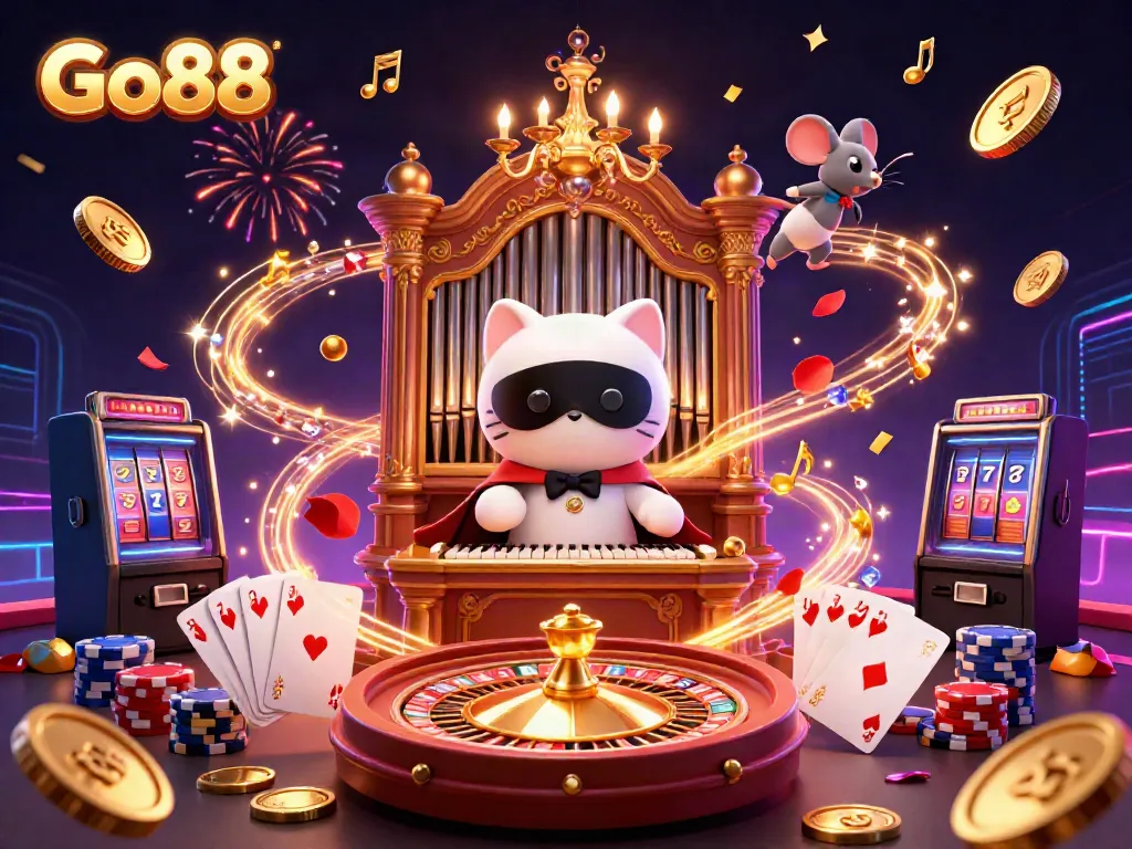Engage with Go88 as the phantom cat plays a grand organ amid falling coins and sparkling gems.