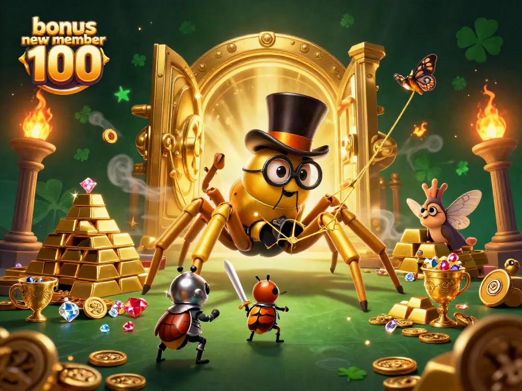 Experience the excitement of bonus new member 100 with a lively casino scene featuring dynamic characters among gold treasures.